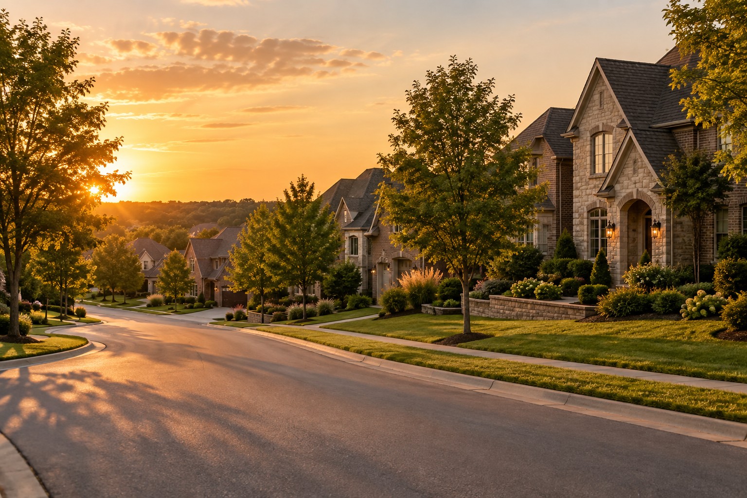 An upscale Kansas City area neighborhood street at golden hour, illustrative