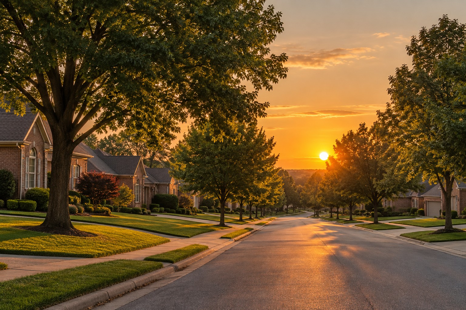 A Kansas City area street at sunset, illustrative