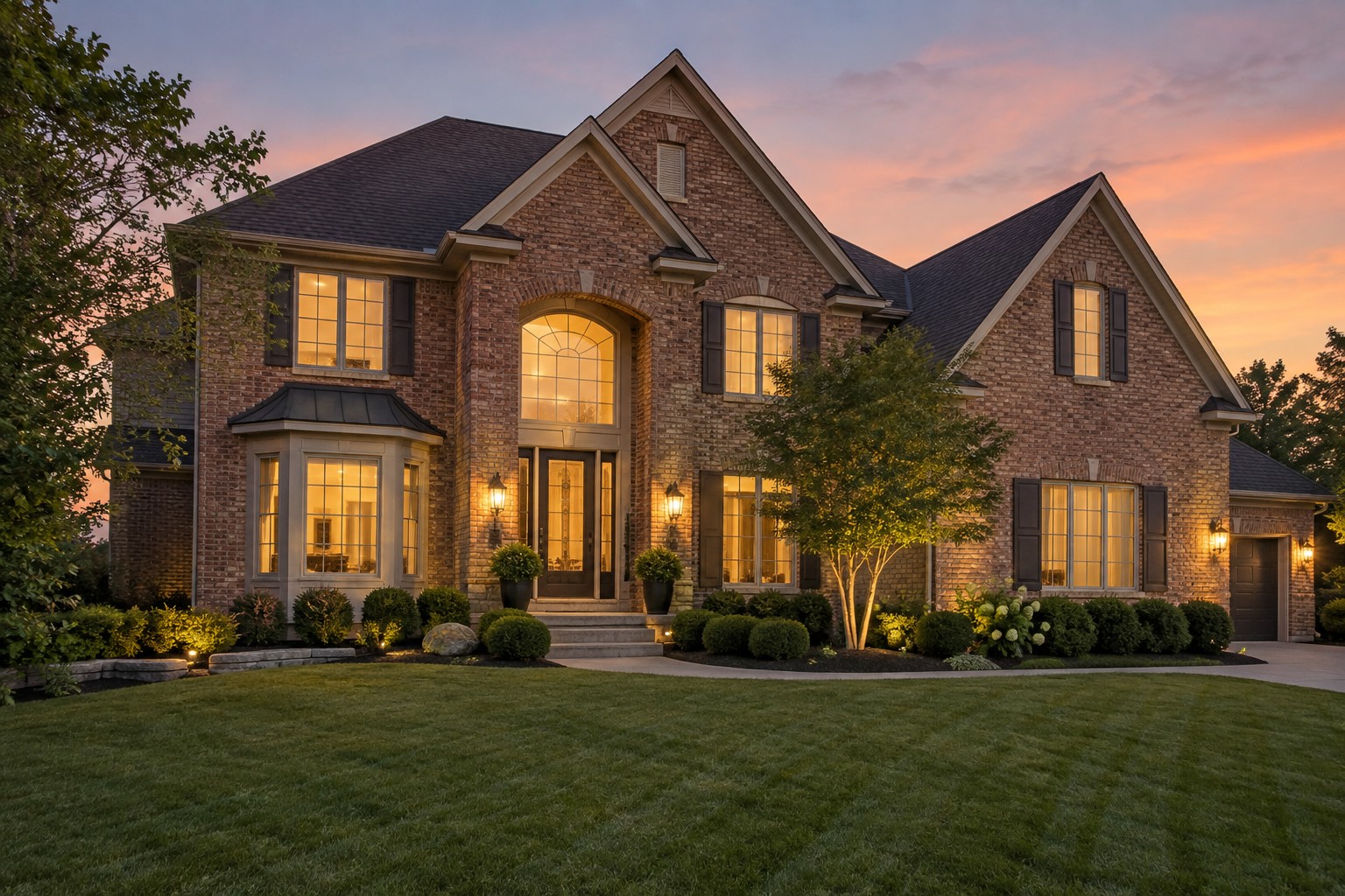 A Kansas City area home exterior at dusk, illustrative