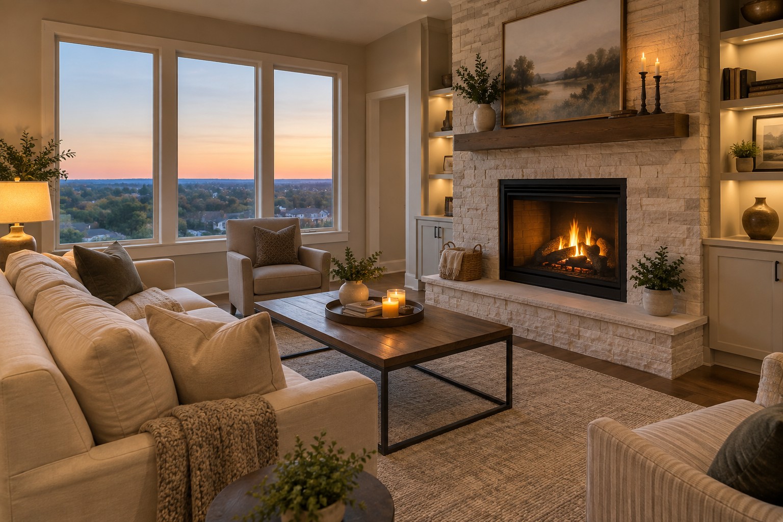 A cozy Kansas City area living room, illustrative